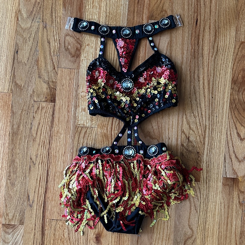 Kids Sequin Jazz Dance Costume - Black with Red & Gold